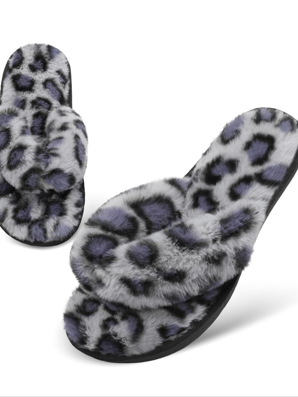 Faux Fur Leopard Print Slide Slippers - Gray/Purple